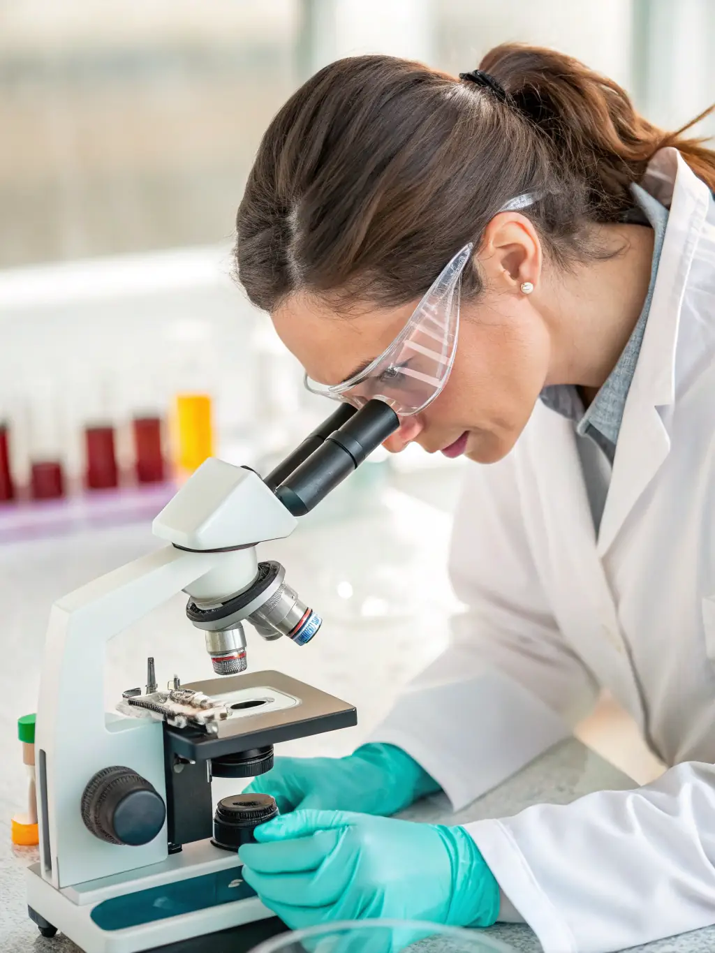 A close-up image of quality control technicians in lab coats analyzing a chemical sample with sophisticated equipment at CRENSHAW FUEL LLC.
