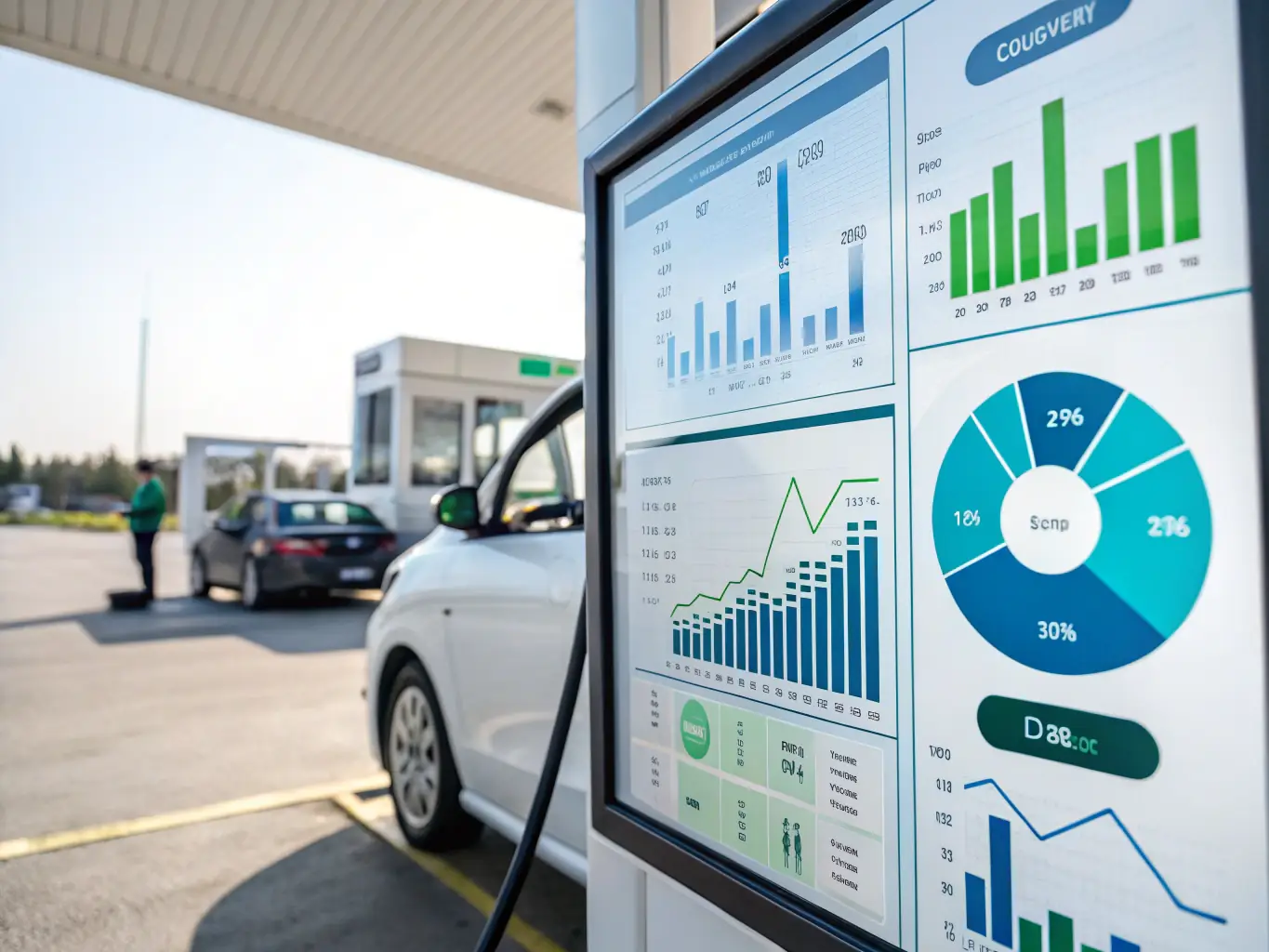 A digital graphic showing a detailed report with charts and graphs illustrating fuel consumption analysis and cost savings for a production company.