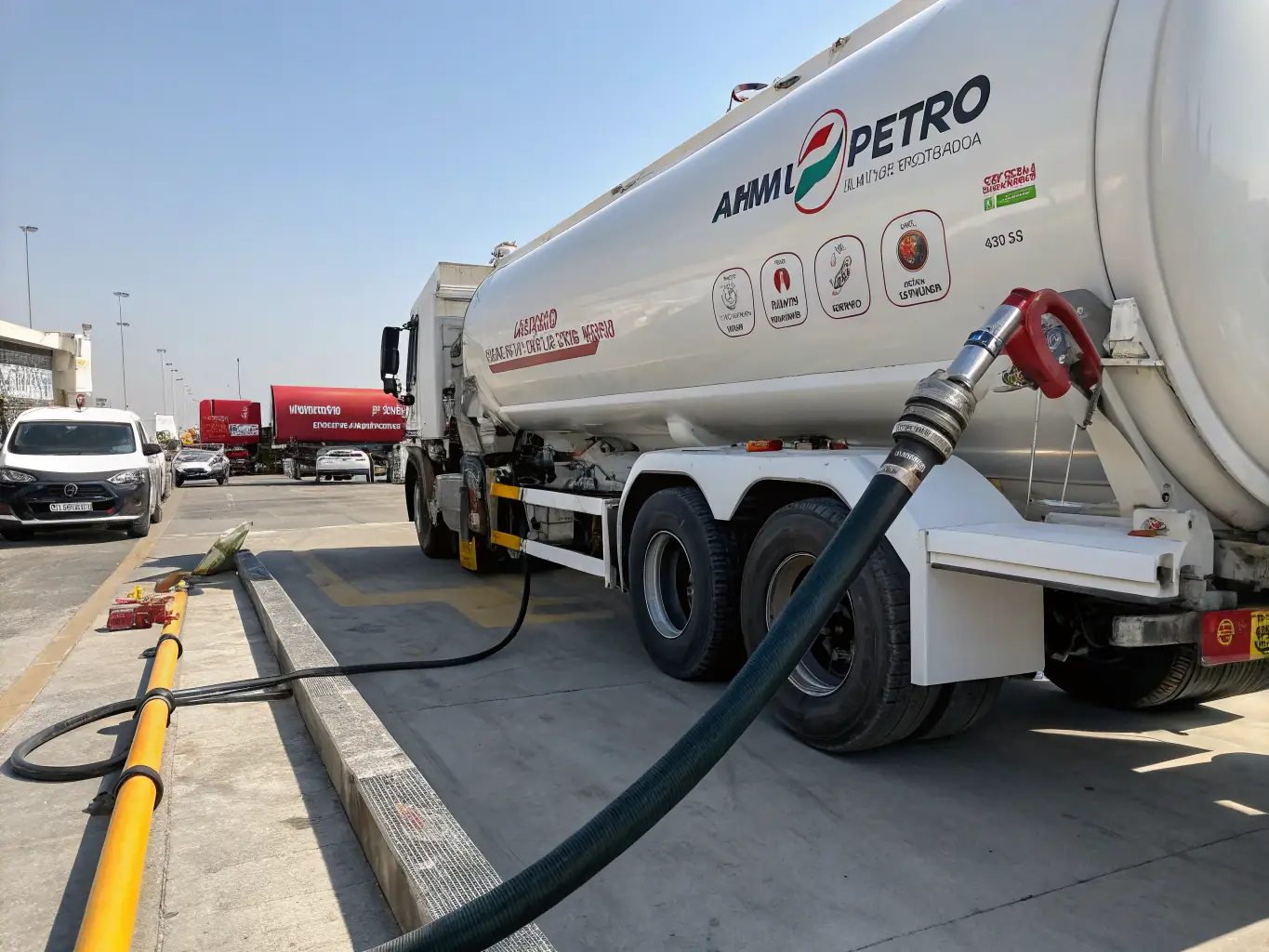 A close-up shot of a fuel delivery truck arriving at a client's industrial site, ensuring a reliable and consistent fuel supply.