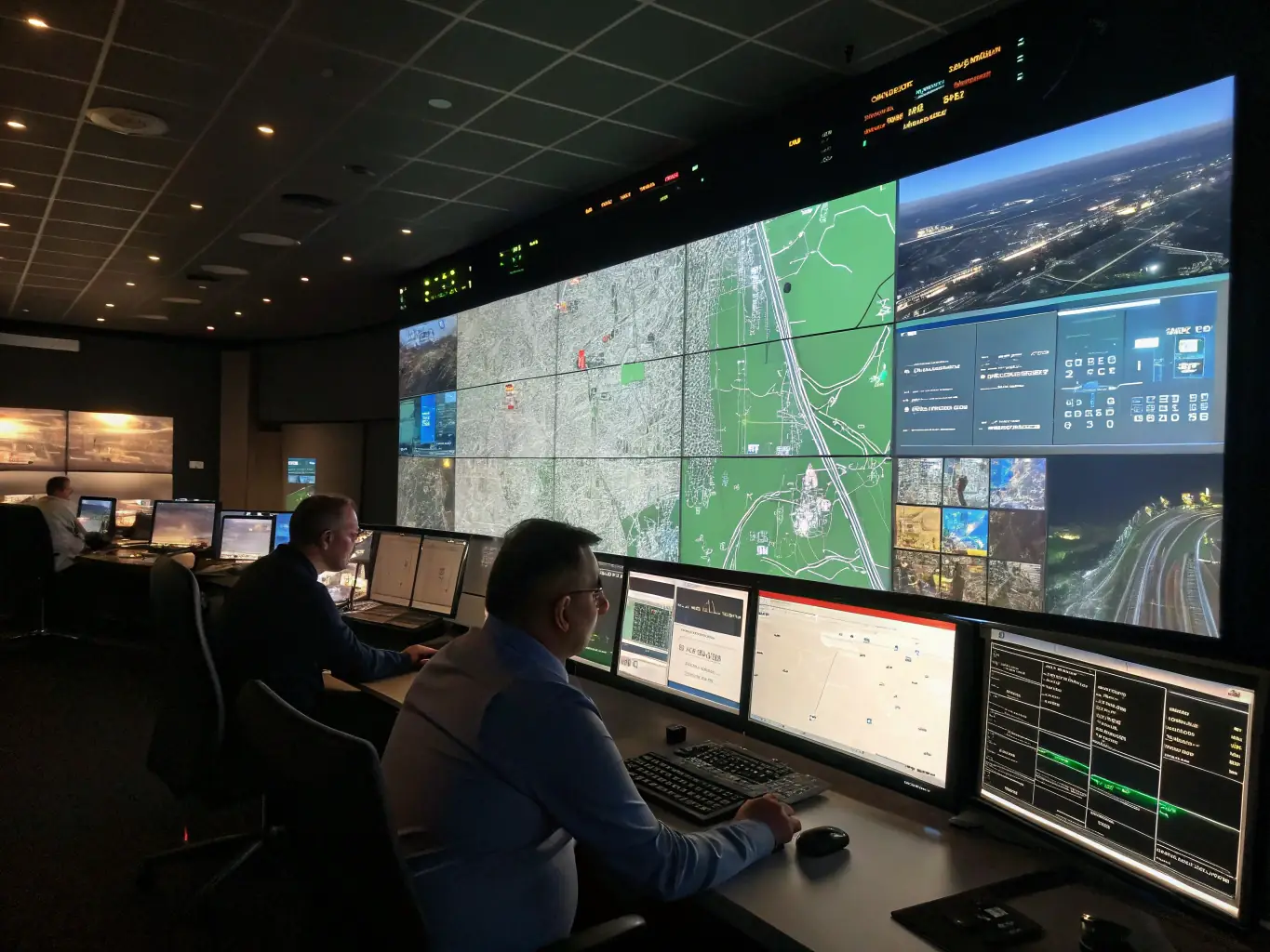 An image of a logistics control room with staff monitoring fuel levels and delivery schedules on large screens, highlighting the streamlined operations.