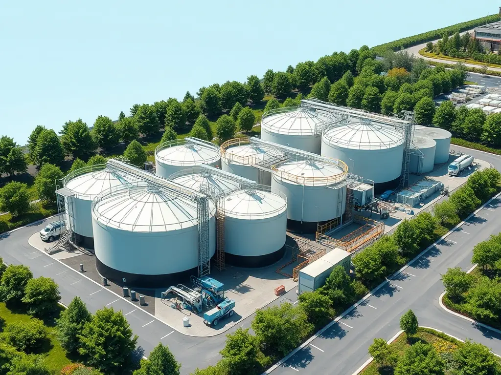 A wide shot of a modern fuel storage facility with multiple large tanks and a control center, emphasizing the scale and technology involved in fuel management.